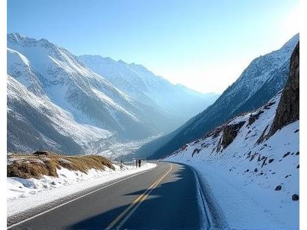 Panorama Furkapass mit Bergstraße und schneebedeckten Gipfeln