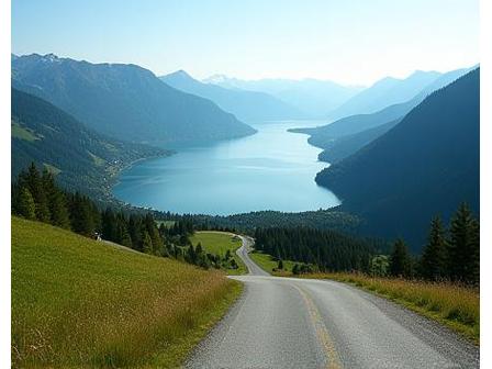 Grimselpass Bergstraße mit See und bewaldeten Bergen im Hintergrund